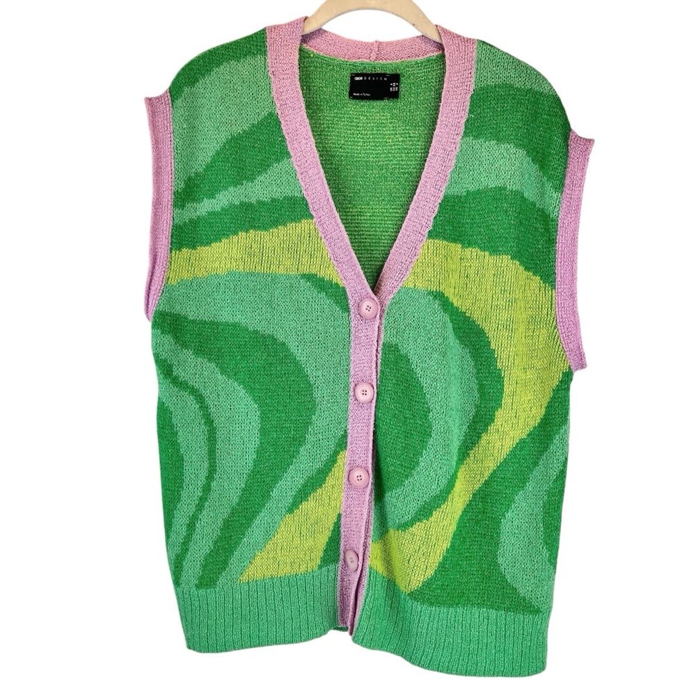 ASOS DESIGN Oversized V-Neck Knit Sweater Vest Funky Green Pink Retro Vibe Sz 2